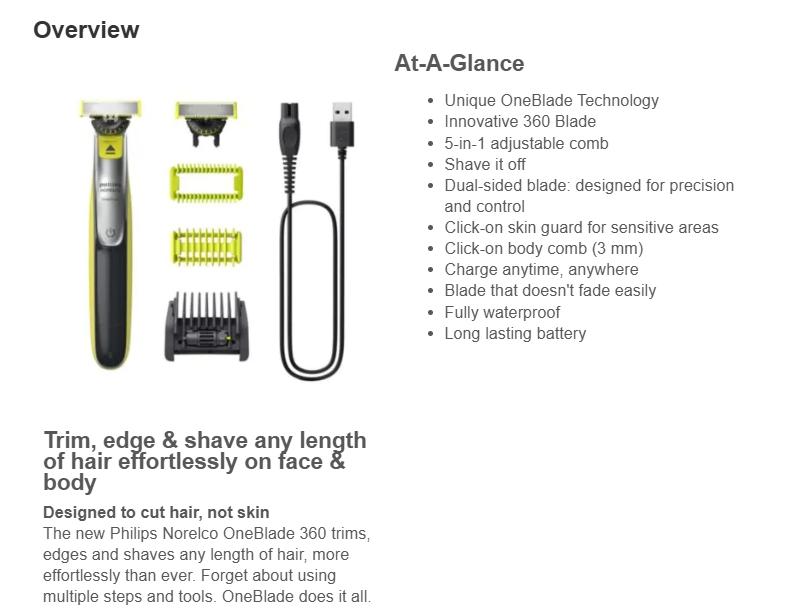 Philips Norelco OneBlade 360 Face + Body, Hybrid Electric Razor and Beard Trimmer for Men with 5-in-1 Face Stubble Comb and Body Hair Trimmer Kit, QP2834/70
