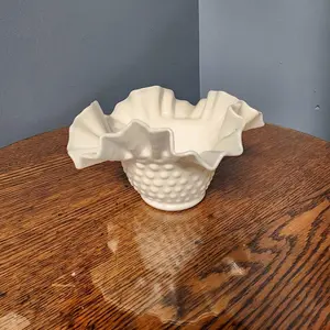 Vintage Fenton WhiteMilkglass Ruffled Hobnai Dish 4.5” H 9in W