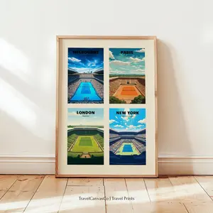 Grand Slam Tennis Wall Art - All 4 Majors in 1 Poster | Wimbledon, US Open, French, Australian  Tennis Gift & Room Decor