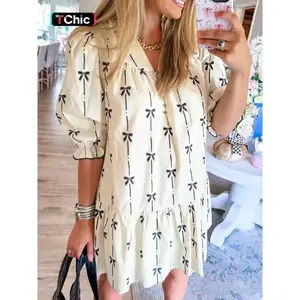 Women's Bowknot Print Bubble Sleeve Dress, Fashion Casual Short Sleeve Dress for Daily Outdoor Wear, Ladies Clothes for All Seasons