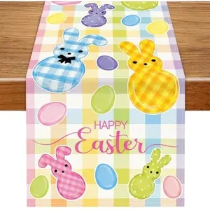Happy Easter Table Runner 13x72 Inch Spring Plaid Bunny Easter Egg Table Decoration for Holiday Home Kitchen Dining Table Party Decor