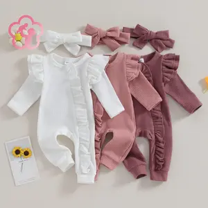 (65% Cotton) GCB Newborn Infant Baby Girl Autumn Jumpsuit Solid Color Long Sleeve Ruffle Zipper Romper with Headband Set