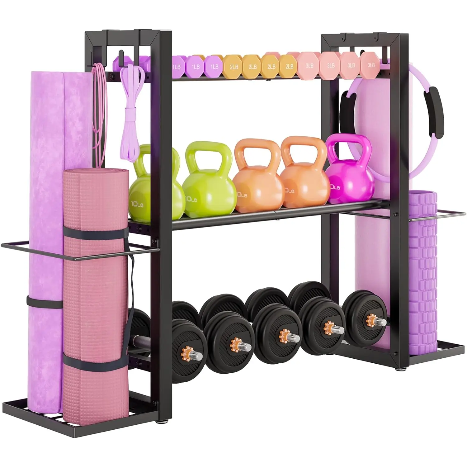 3-Tier Adjustable Dumbbell Rack Heavy Duty Metal Storage Rack, Dumbbell Weight Rack and Kettlebells Rack, Yoga Mat Organizer, Multi-Purpose Gym Equipment Storage Stand for Home Gym Accessories