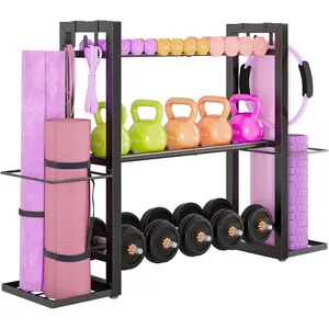 3-Tier Adjustable Dumbbell Rack Heavy Duty Metal Storage Rack, Dumbbell Weight Rack and Kettlebells Rack, Yoga Mat Organizer, Multi-Purpose Gym Equipment Storage Stand for Home Gym Accessories