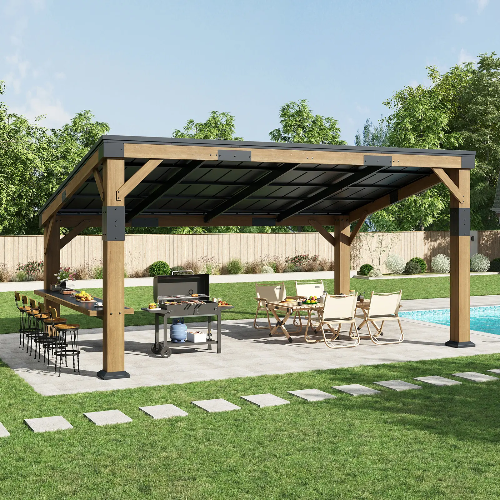 【Ships in Multiple boxes】[Summerwins] [SummerFinds] AMERLIFE Solid Wood Gazebo with Metal Hardtop, Large Outdoor Pavilion with Sloped Roof, Heavy Duty Pergola for Garden, Patio, Backyard