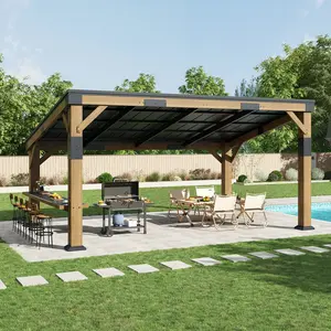 【Ships in Multiple boxes】AMERLIFE Solid Wood Gazebo with Metal Hardtop, Large Outdoor Pavilion with Sloped Roof, Heavy Duty Pergola for Garden, Patio, Backyard