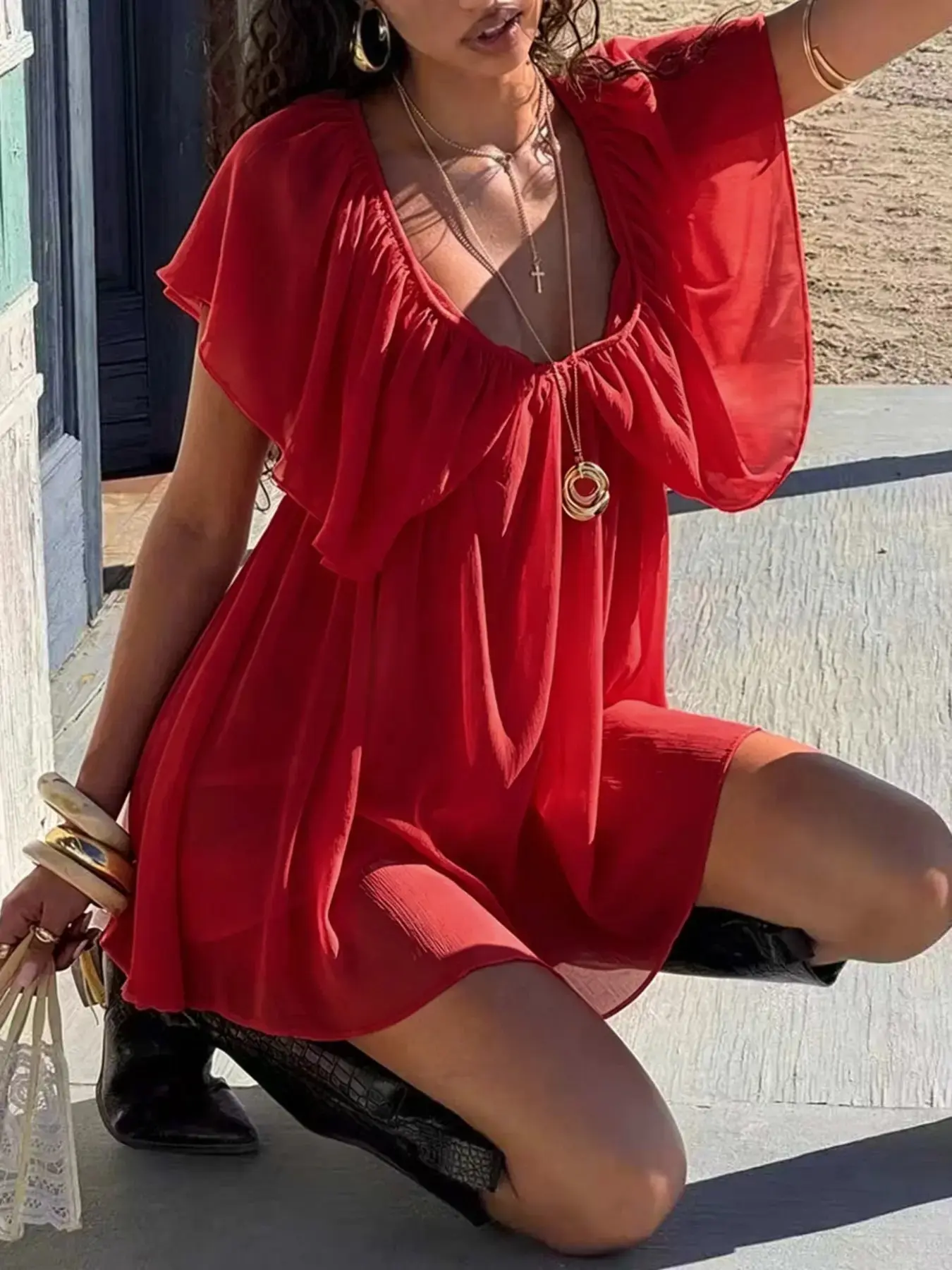 Deep V Backless Chiffon Mini Dress Ruffles Lightweight Elegant Party Club 2026