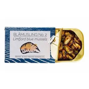 Fangst Blåmuslinger No. 2 Limfjord Blue Mussels Smoked in Cold Pressed Rapeseed Oil, 100g