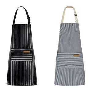 2-Pack Striped Kitchen Aprons for Men and Women Adjustable Neck Strap Dual Pockets Durable Polyester-Cotton Blend Black Brown Pink Options