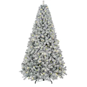 6.5ft/7.5ft Pre-Lit Artificial Christmas Tree, Snow Flocked Pine Tree with Warm White Lights, 8 Lighting Modes, Full & Realistic Branches, Easy Assembly Hinged Design, Foldable Metal Stand for Holiday Home Décor