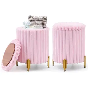 Vanity Faux Fur Round Ottoman Foot Stool with Storage and Metal Legs for Living Room Bedroom, Velvet Upholstered Footrest Stool Support 300lbs Modern Padded Seat Ottoman Coffee Table, Autumn, Winter, Warm