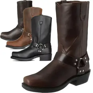 Men's calf boots square toe tube surface sewn with metal ring elements thick heel Western denim style outdoor wear small leg boots men's boots suitable for all seasons walking shoes shoes closed comfortable women's decorative orthoticsGift1