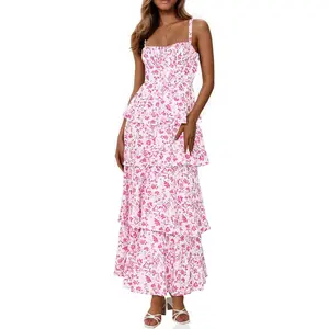 Womens Floral Maxi Dresses Spaghetti Strap Casual Sleeveless Ruffle Flowy Tiered Dress