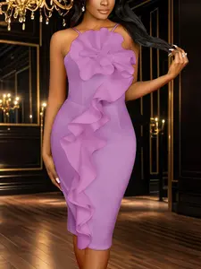 Glamorous Ruffle Midi Dress Sleeveless Bodycon Fit 3D Floral Accent Elegant V-Neck Formal Perfect for Cocktail Party Special Occasions