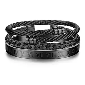 FLORIDECO 3PCS Stainless Steel Bangle Bracelets for Men Luxury Roman Numeral Adjustable Cuff Set Silver Black Durable High-Quality Material Elegant Versatile Gift