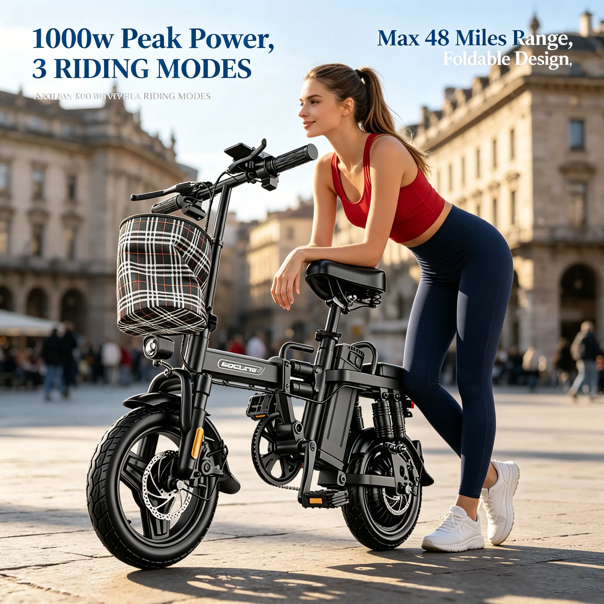 14-Inch Foldable Z1 E-Bike - 1000W Motor, 48V 15Ah Detachable Battery, 48-mi Range, High Carbon Steel Frame, Dual Disc Brakes, LED Display, Remote Lock/Unlock for Daily Commute & Outdoor Travel (Folding Bikes for Sports & Outdoor Cycling)