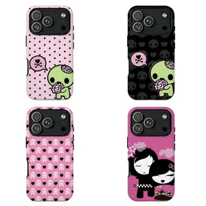Y2k Kawaii Em0 Z0mb1e Phone Case Phone Case| Pink Black Polka Dot Skull Pattern for iPhone 17, 16, 15, 14, 13, 12, 11, Samsung S26 S25, S24, S23,S22,S21