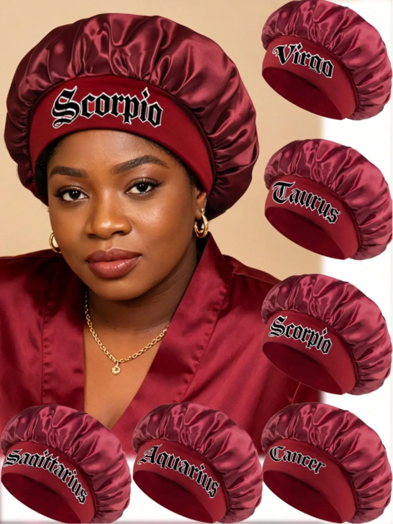 Wine Red Twelve Constellations Smooth Silky Sleep Cap, Bonnets for sleeping, Lazy Home Sleeping Beauty Essential, Hairline Cover Hair Care Night Cap