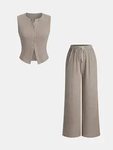 Women's Vintage Single-Breasted Knitted Vest Set, Slim Fit Casual Sleeveless Top, Striped Pattern, All Seasons Fashion Fitted Womenswear, Striped Lounge Set