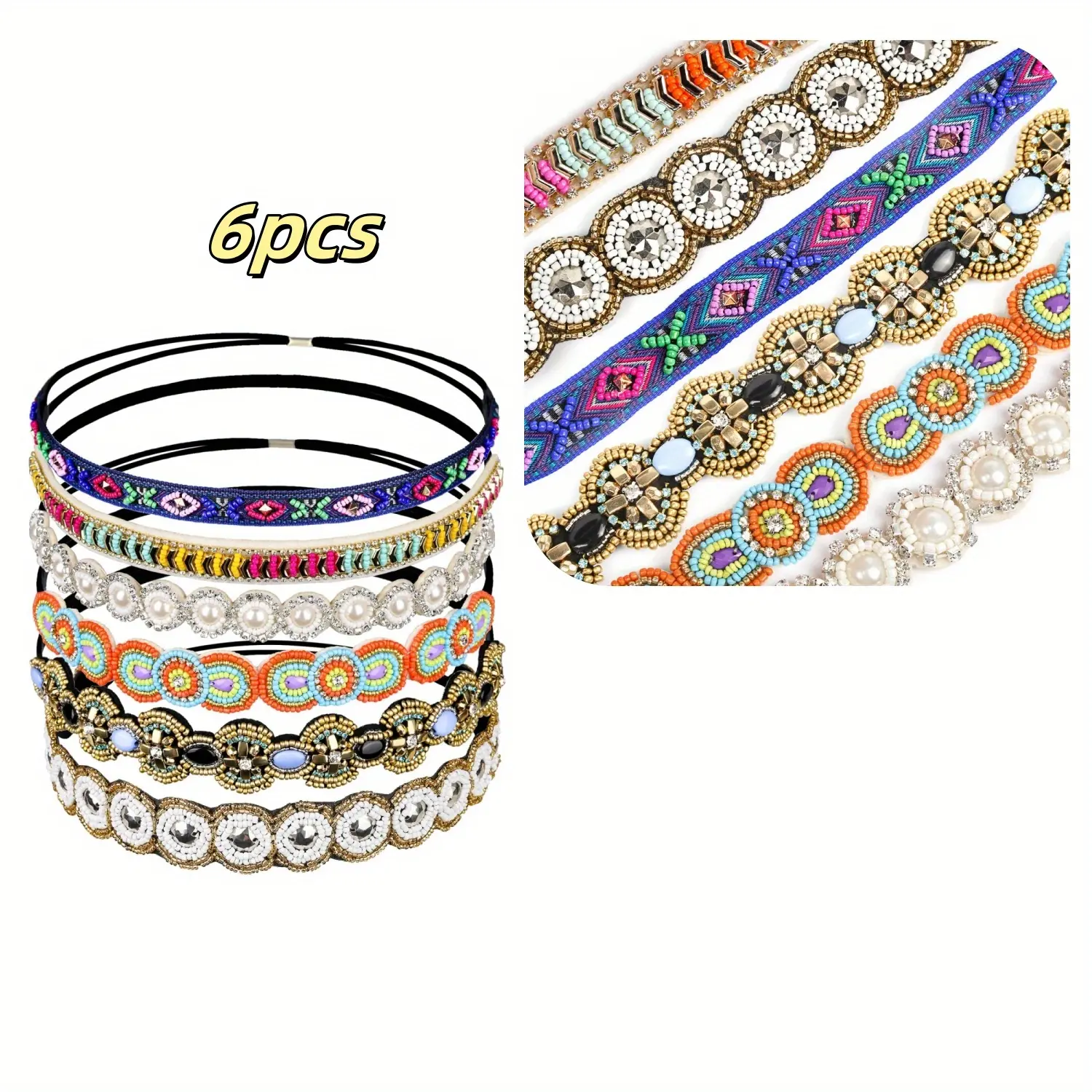 Women's 6-Pack Boho-Chic Beaded Sports Headbands - Faux Beads, Rhinestone, Handcrafted Designs, Non-Slip, Reusable, Stretch Fit, Vibrant Colors for Parties, Nurse Scarf Head Wraps