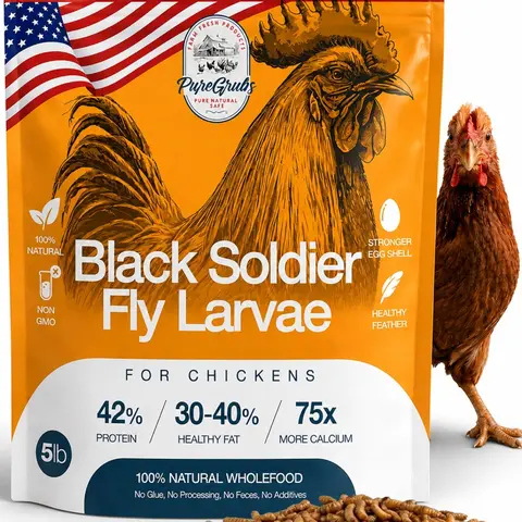 USA Grown Black Soldier Fly Larvae for Chickens - 100% Natural Dried Worms, Grubs & Mealworms with 75X More Protein Chicken Treats for Laying Hens - Birds Feed Supplement for Ducks & Reptiles