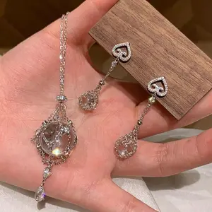 Inspiration silver 925 hollow out chain mesh pocket round beads crystal necklace earrings light luxury high-end jewelry sets