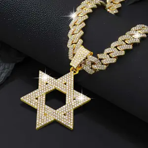 Iced Out Star Pendant Necklace Cuban Link Chain Hip Hop Bling Rhinestone Jewelry for Men Women Miami Cuban Chain