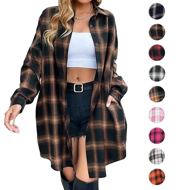 Blooming Jelly Women's Button Down Flannel Shirts Plaid Shacket Long Sleeve Collared Long Jacket Coats#TikTokShopHolidayHaul