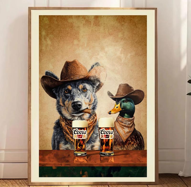 Dogs Cowboy light one up and chill Brew Print, Dogs Neutral Aesthetic Vintage Art, Funky Western Art Wall Art, Unique Gift for Men Dad frameless