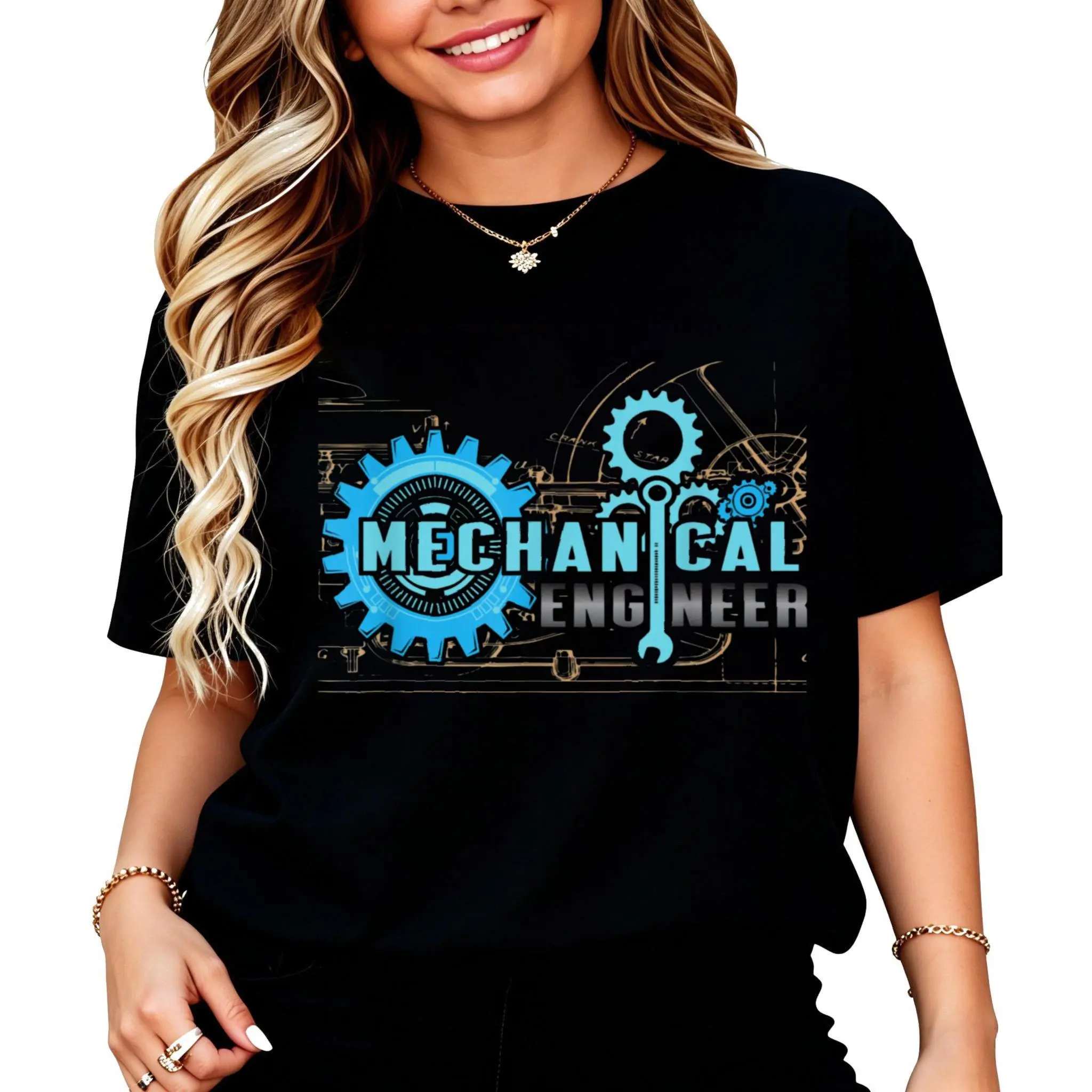 Mechanical Engineer Gear Wrench Blueprint Design T-Shirt Women Men Unisex Cotton Clothing Streetwear