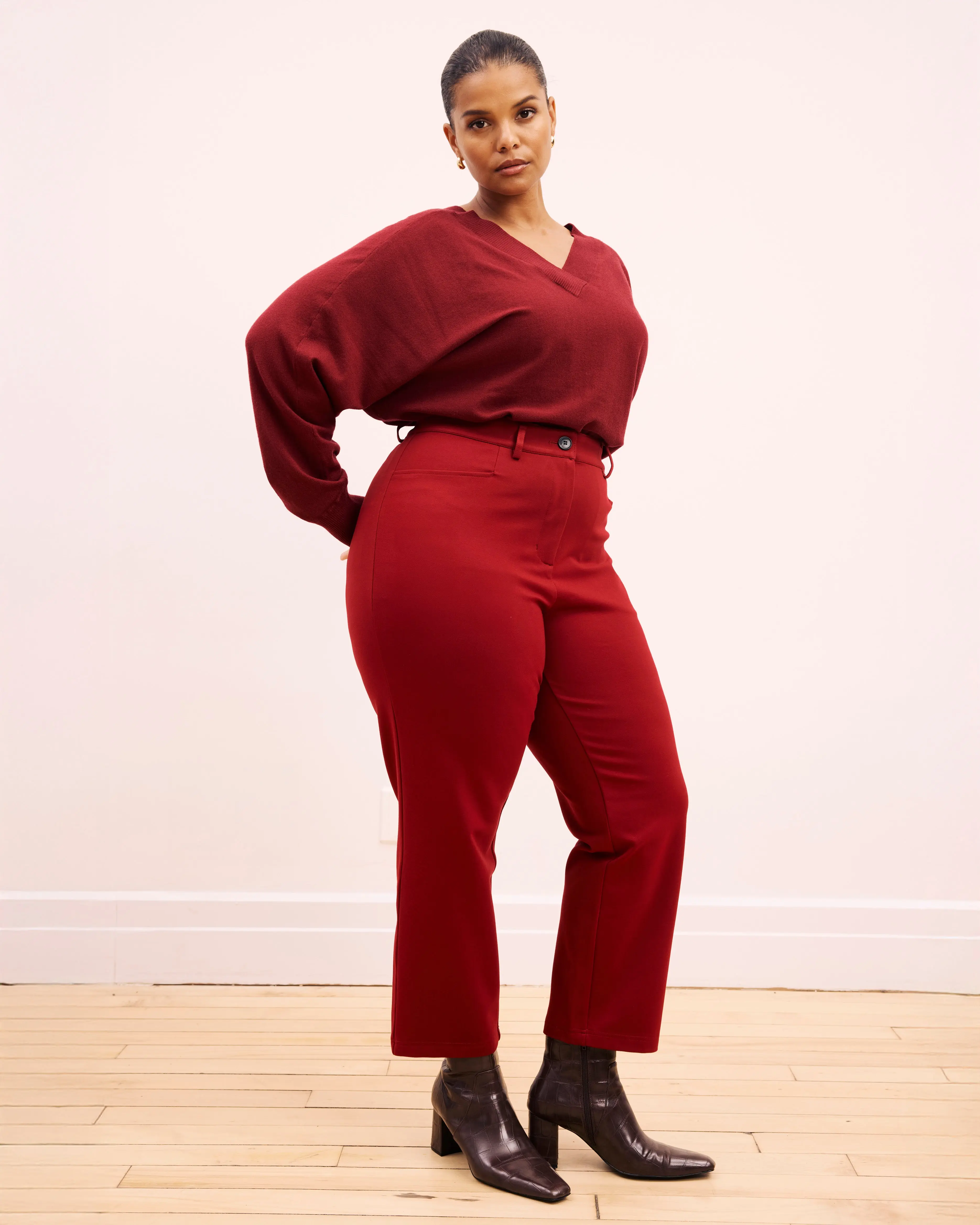 Women's Classic Ponte Pants in Garnet, True Ankle Cut Bottoms for Work with a Comfortable Flattering Fit, Pairs with Sweaters, Trouser, Leg