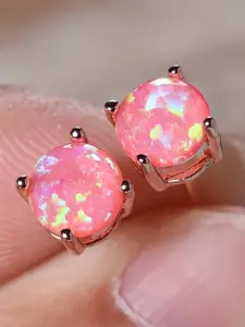 Pink White Blue Green Synthetic Opal 6MM Round Stone Stud Earrings For Women Rose Gold Color Wedding Jewelry Minimalist Engagement Gifts