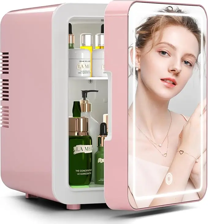 Portable Mini Fridge Refrigerator with Mirror LED, Summer 4L Multifunctional Fridge with Adjustable Lights, Cosmetics Cooler for Home Car Use, Beauty