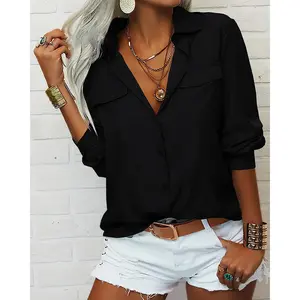 【US Shipping】Womens Solid Lapel Long Sleeves Button Down Shirt Top Casual Basic Office Blouse