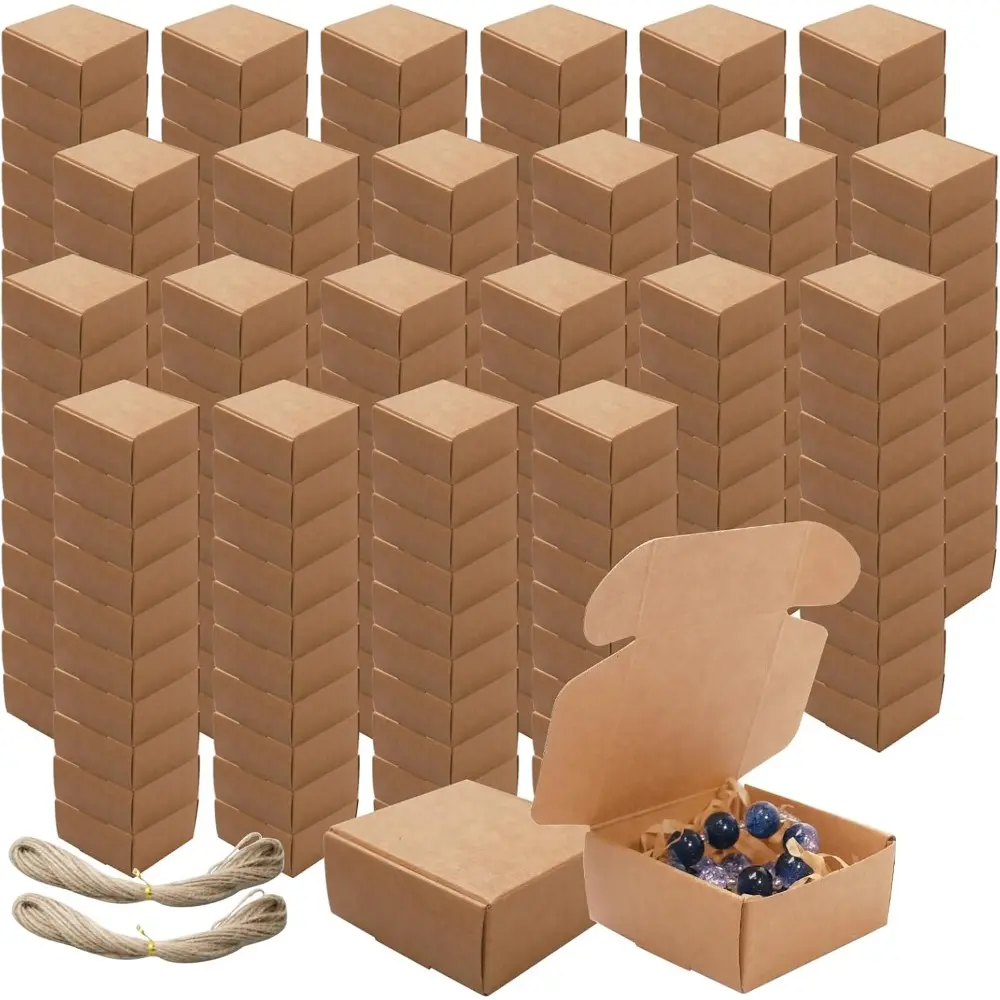 220 Pcs Small Kraft Paper Gift Boxes with Lids Bulk 2.2 x 2.2 x 1 Inch Ornaments Mini Cardboard Boxes with 2 Rolls Rope for Jewelry, Bracelet, Earring and Favor Packaging(Kraft Color)