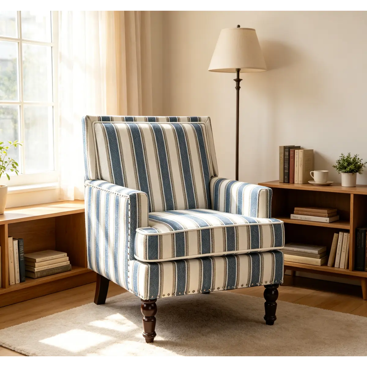 Mid-Century Vintage Upholstered Accent Chair with Nailhead Trim, Upholstered Arms, High Backrest, Striped Print & Cozy Cushion, Easy Set-Up Reading Chair for Living Room, Bedroom