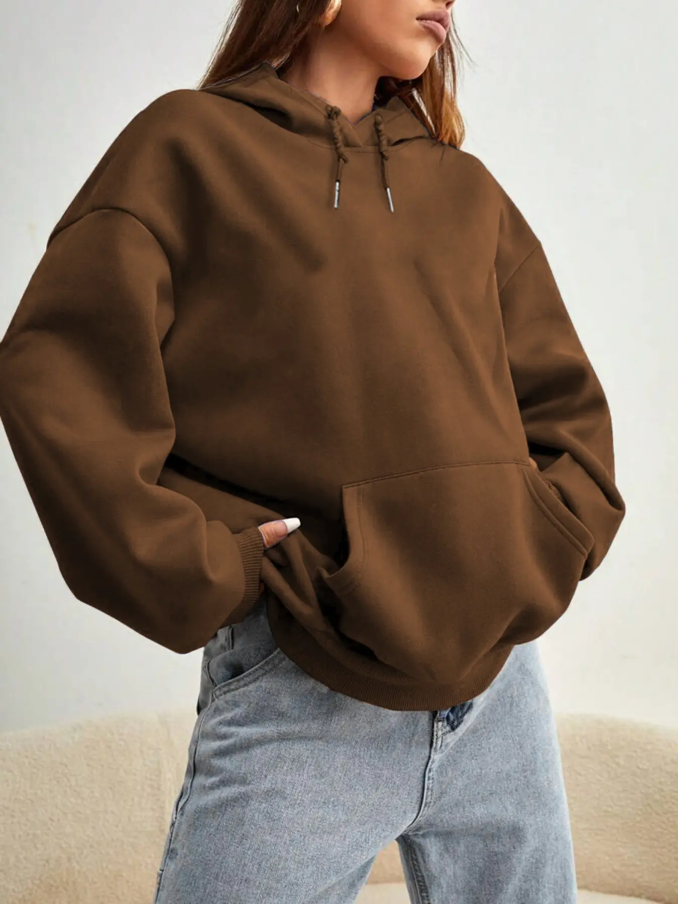 Women's Fall Winter Casual Drawstring Hooded Oversized Loose-Fit Baggy Long Sleeve Hoodie, Solid Color Drawstring Pullover Sweatshirt, Comfortable Thicken Knit Fabric for Daily Wear, Casual Pullover Hoodies, Womenswear