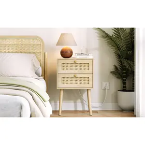 "15-inch Woven Rattan 2-Drawer Nightstand – Stylish Boho Bedroom Side Table, Bedside Storage, Coastal, Apartment, Small Space Furniture, Functional & Chic"