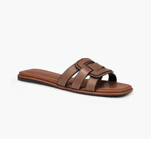 Women’s Cowhide Leather Slide Sandals,Flat Sandals with H-Strap Design,Open Toe Slip-On Casual Summer Shoes