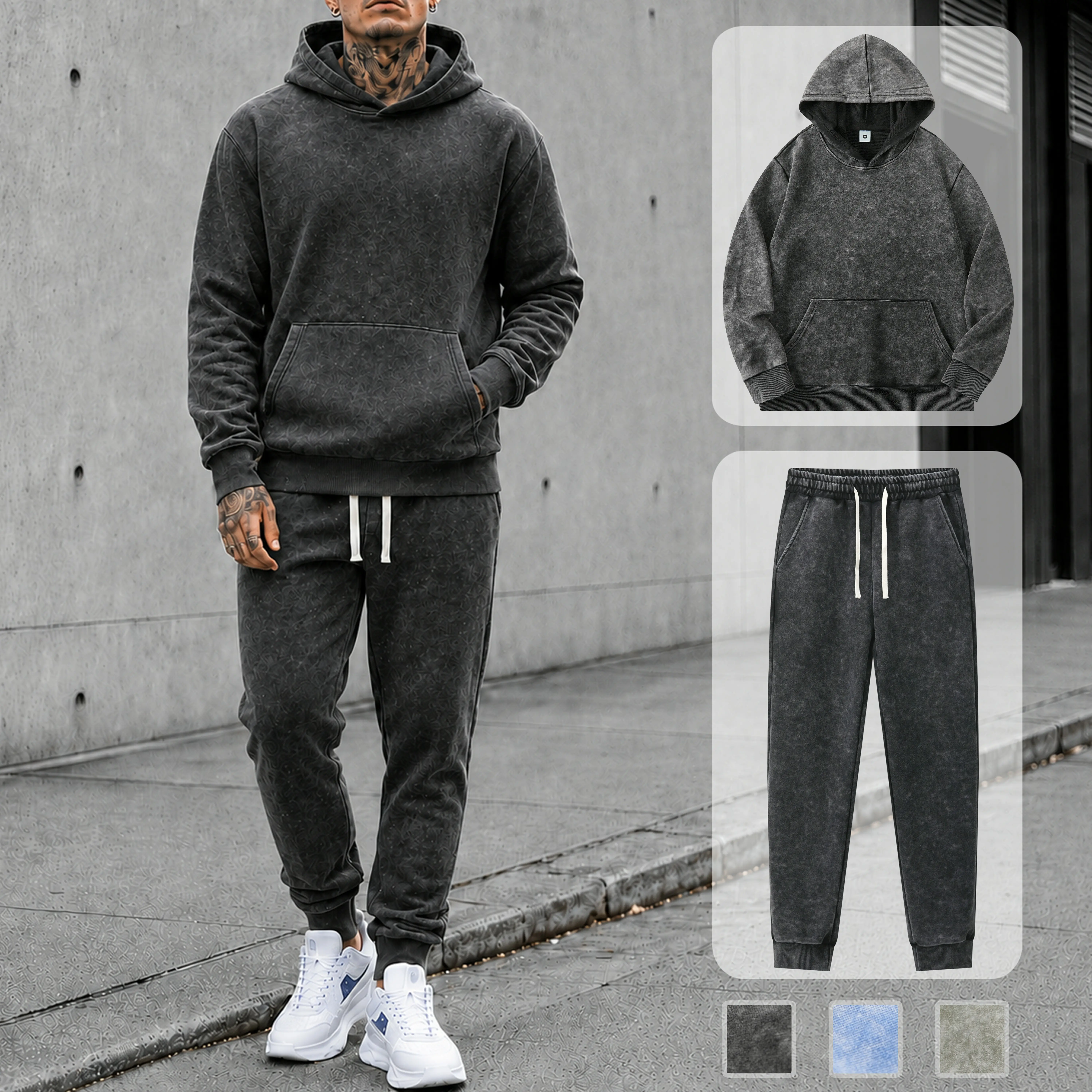 2 Piece Midweight French Terry Sweatsuit, Men's Snow Mineral Wash Hoodie & Jogger Set, Vintage Premium Relaxed Fit Heavyweight Casual Streetwear Tracksuit for Fall Winter, Casual Lounge Travel Outfit, Gift for Boyfriend or Husband