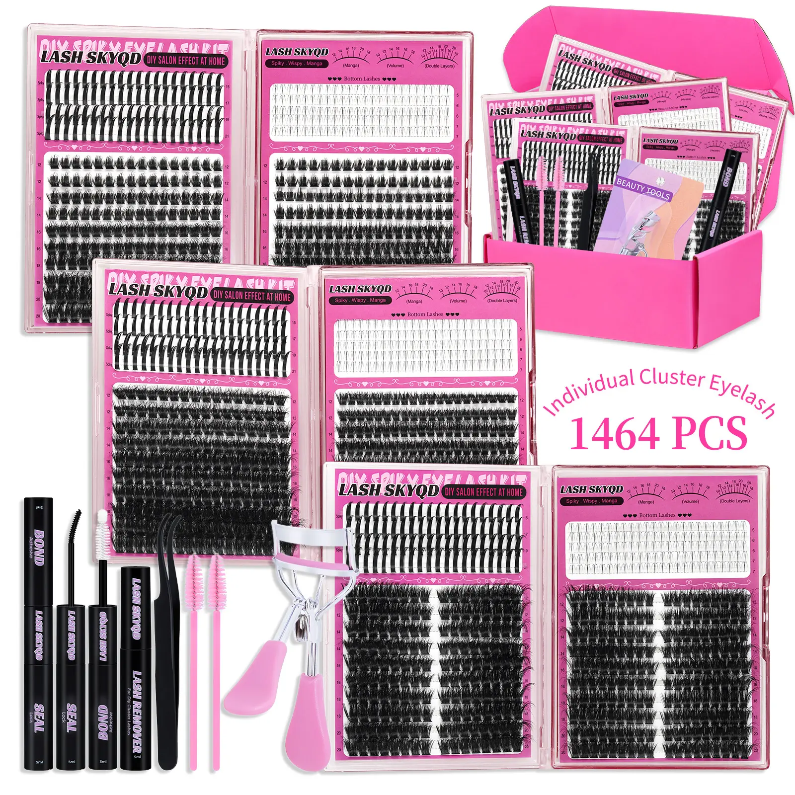 LASH SKYQD Mix Lashes Clusters Kit Gift Packs 1464Pcs With Bond&Seal Remover Tweezers Eyelash Curler Lash Brush,Bottom/Spike/Mega/Cat Lashes 3D Effect False Eyelash DIY Individual Clusters Lash Kit Perfect for Beginners & Proficient, DIY at Home Easily