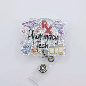 Pharmacy Tech Glitter Acrylic Retractable Badge ID Reel Belt or Alligator Clip Identification Badges & Supplies hospital worker card creative name
