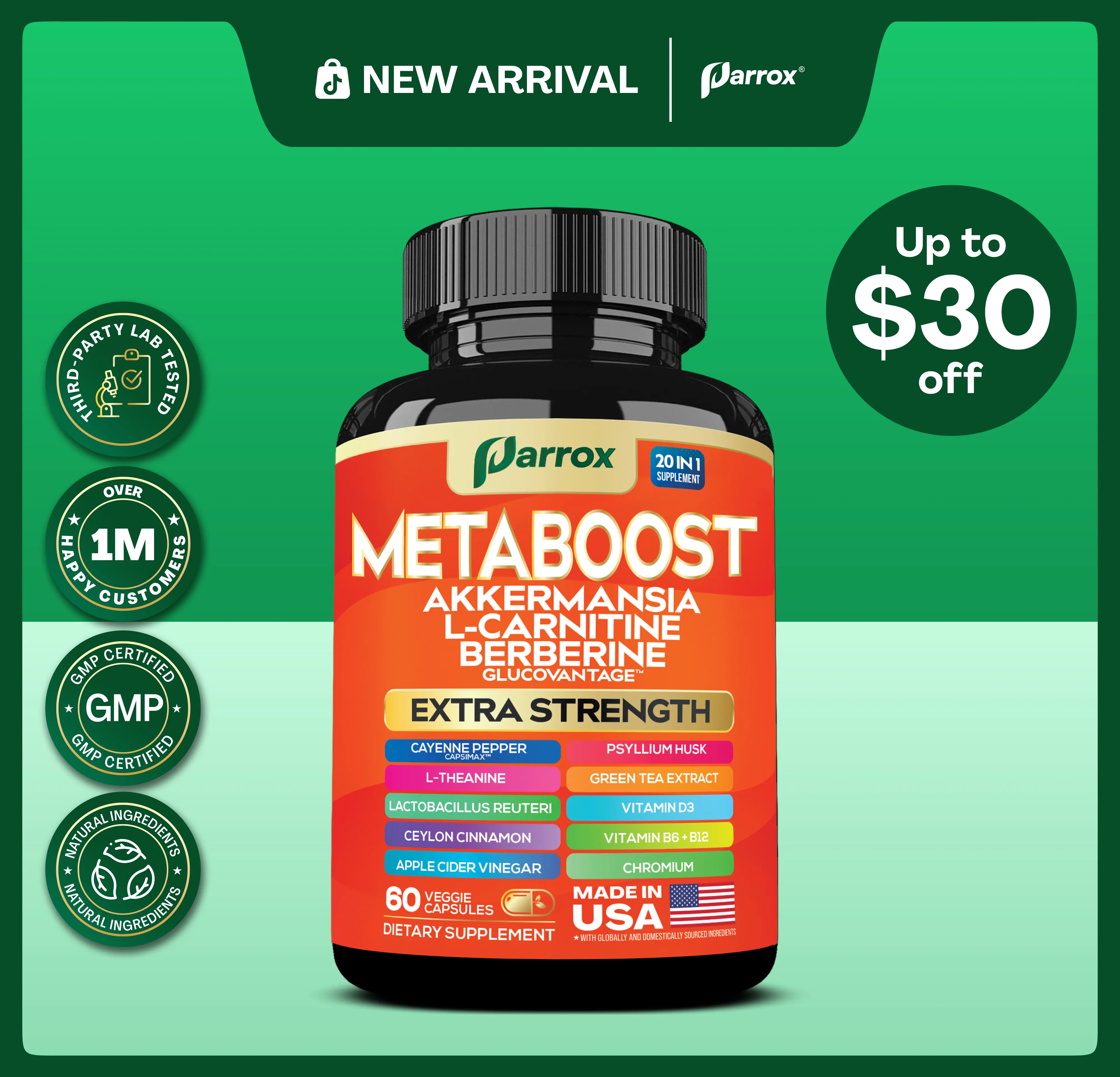 Parrox Metaboost - Natural Metabolism Supplement with Berberine, L-Carnitine, L-Theanine & 20+ Extra Strength Ingredients - Fitness, Balanced Gut, & Digestive Health - Made in USA