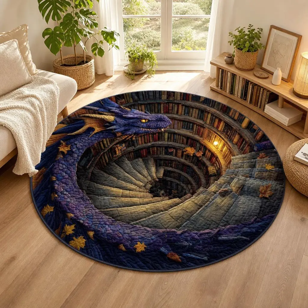 Halloween Fantasy Dragon Round Rug - 3D Optical Illusion Spiral Library Floor Mat, Mystical Purple Dragon Carpet, Spooky Fantasy Home Decor