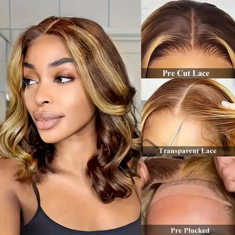 P4/27 Highlight Bob Human Hair Wig Body Wave HD Transparent Lace Front Wig 180% Density Adjustable Strap Hair Wig Short Bob Highlight Honey Blonde Chocolate Brown Lace Front Wigs for Black Women