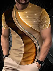 Men's Unique Geometric Pattern Printed T-Shirt, Casual Round Neck Short Sleeve, Summer Fashion Outdoor Streetwear Sport Top, Outdoor Sportswear