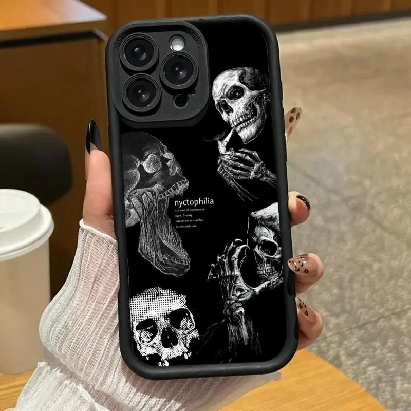Dark nyctophilia design phone case with multiple skulls. Compatible with iPhone 17 Pro Max/16 Pro Max/15 Plus/14/13/12/11, TPU soft case. Compatible with Galaxy S26 Ultra/S25 Plus/S24/S23, dopamine color. Compatible with Galaxy A54/A53/A33/A15.