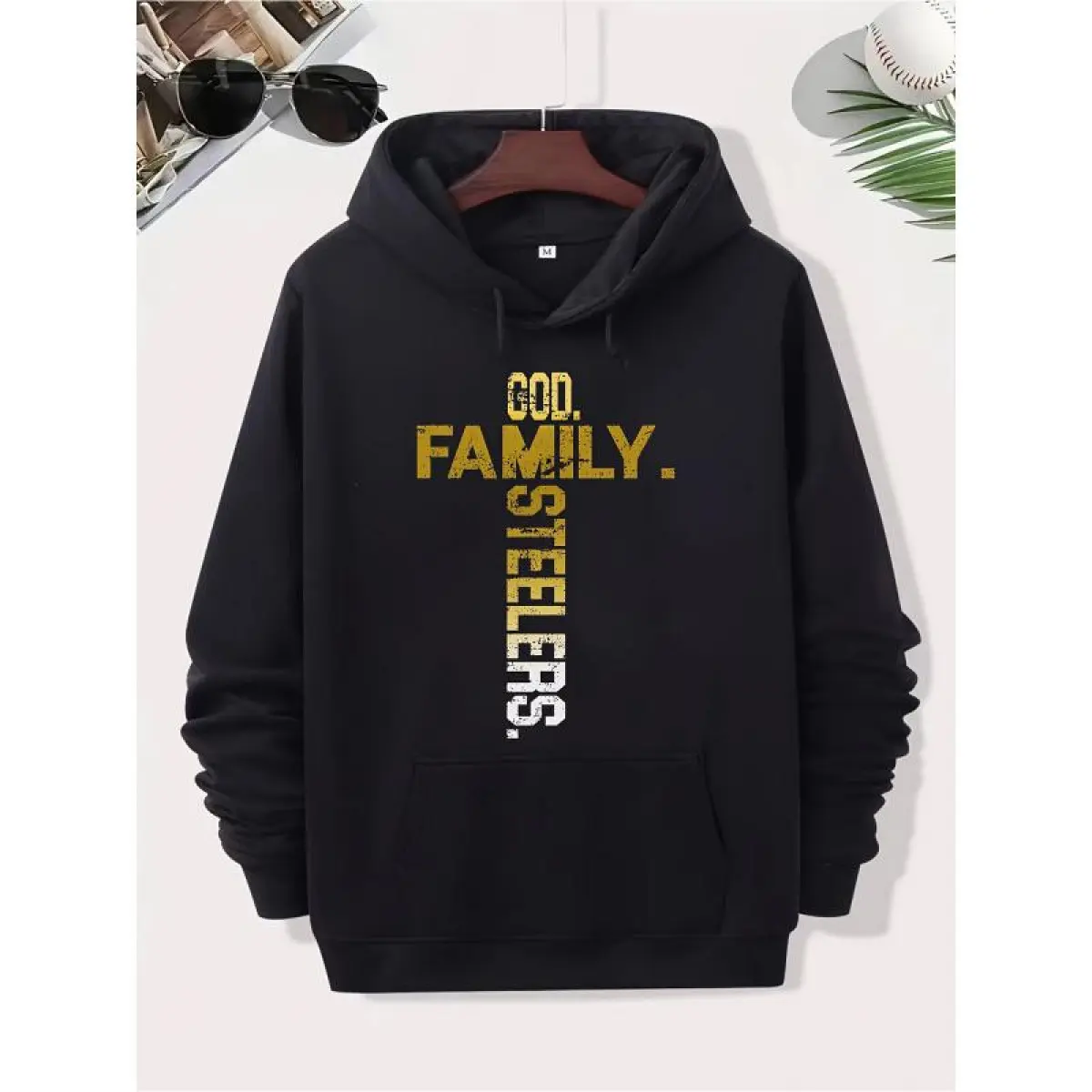 Men's Plus Size Hoodie - Printed with GOD FAMILY STEELERS Pattern, Front Pocket Design - Machine Washable, Exclusive for Steelers Fans, Daily Casual Wear - Black, Street Style Fashion, Comfortable Fabric, Essential for Sports Fans