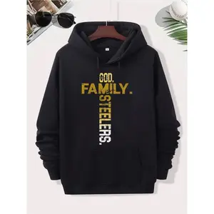 Men's Plus Size Hoodie - Printed with GOD FAMILY STEELERS Pattern, Front Pocket Design - Machine Washable, Exclusive for Steelers Fans, Daily Casual Wear - Black, Street Style Fashion, Comfortable Fabric, Essential for Sports Fans