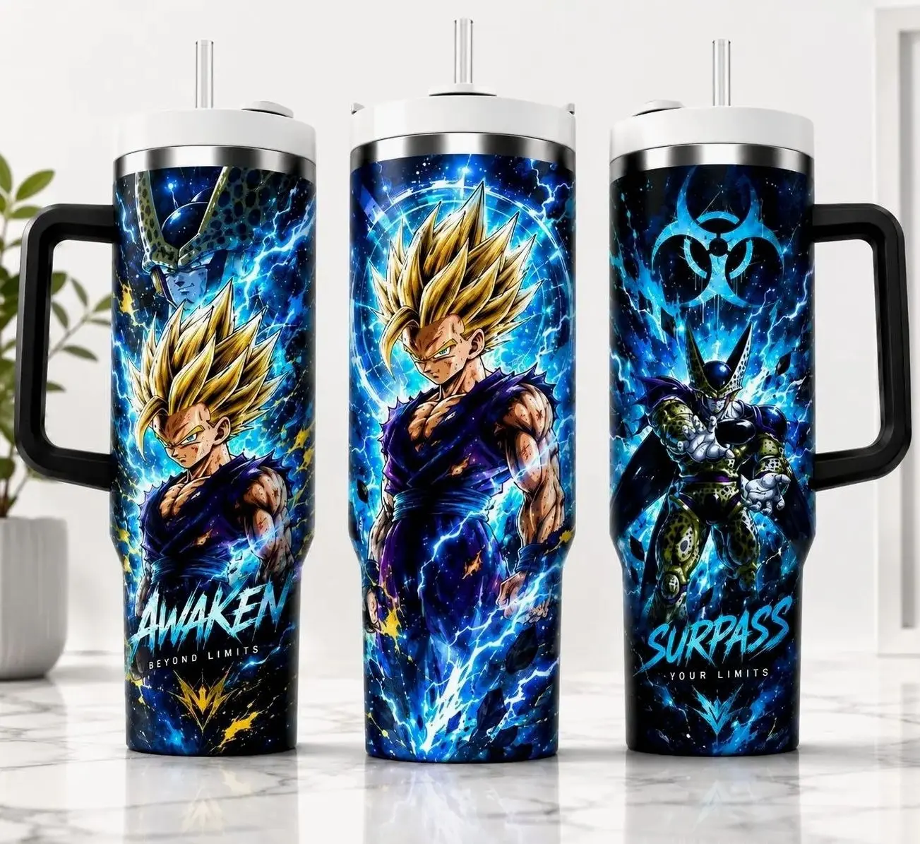 Son Gohan Inspired 40oz Tumbler with Handle & Straw, Stainless Steel Vacuum Insulated Travel Mug, Blue Lightning Anime Design, Reusable Cup Gift for Anime Fans